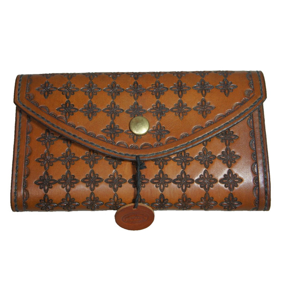 S Wolfe Hand Made Leather Large Trifold Checkbook Wallet Montana Brass Snap - Picture 1 of 10